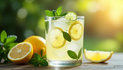 Fototapeta premium Refreshing Icy Lemonade + Fresh Mint & Citrus Slices + Summer Beverage + Drink Photography