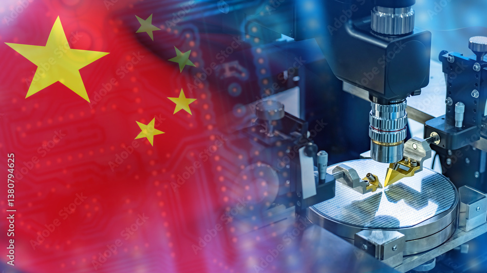 Poster microelectronics in china. production of computer boards in prc. china flag near microprocessor manu