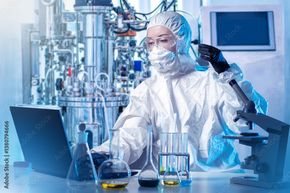 Poster a chemist works in a protective suit. there is a bioreactor in the laboratory. experiments in the fi