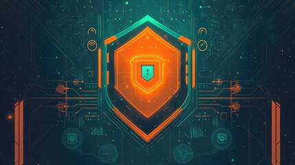 Illustration of a cybersecurity concept with a central shield icon surrounded