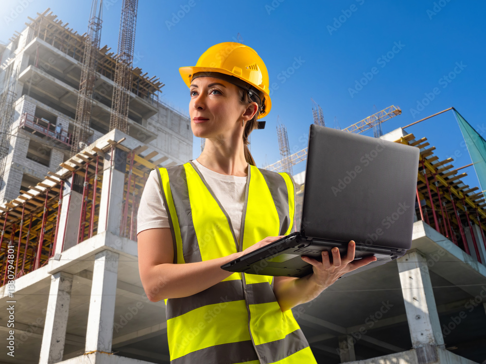 Aufkleber civil engineer. architect at construction site. builder with tablet computer and papers. man inspect