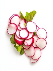 Thinly sliced red radishes arranged artfully with fresh green leaves against a bright white background.