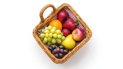 Overhead view of a wicker basket filled with fresh fruit including grapes, strawberries, an orange, and an apple against a white background.