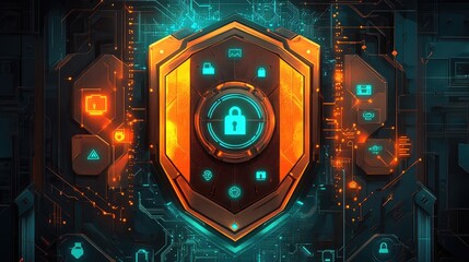Fototapeta premium Illustration of a cybersecurity concept with a central shield icon surrounded
