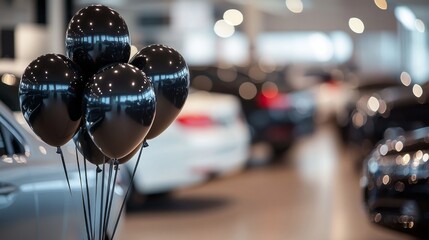 A cluster of black balloons stands tall amidst sleek luxury cars in a spacious showroom. The soft lighting enhances the elegant atmosphere, inviting guests to explore the stunning automobiles
