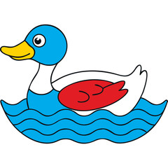 Cartoon Duck Swimming in Blue Water, Simple Illustration