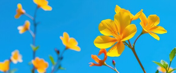 Fototapeta premium Bright yellow and orange Bacopa monnieri blossoms contrast vividly against a clear blue sky, India, garden, close-up