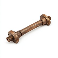 Rustic bronze metal rod with threaded ends and textured surface against a white background. Industrial, steampunk aesthetic.