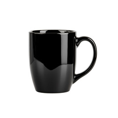 A glossy black mug with a curved handle and a modern design, perfect for beverages.