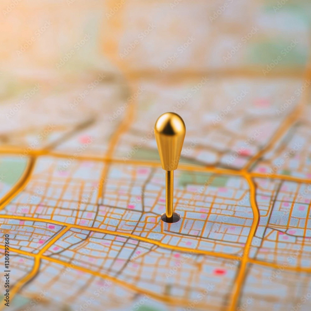 Poster golden pin location marker on a colorful map background design