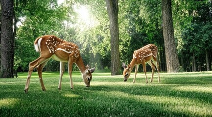 Two adorable spotted fawn grazing peacefully on a lush green lawn beneath sun dappled trees in a serene woodland setting