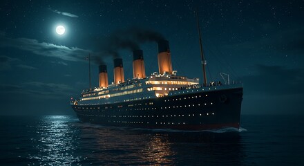 Ocean Liner Cruising at Night Under Full Moon and Stars