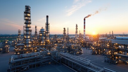 Fototapeta premium Illuminated petrochemical refinery complex at dusk featuring towering smokestacks storage tanks and a network of pipelines reflecting on the water s surface