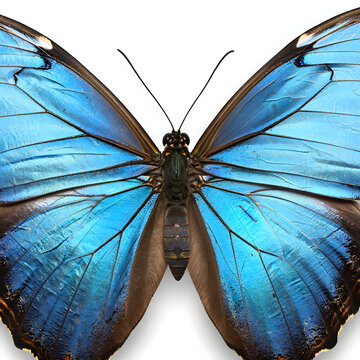 A close-up of a butterfly with vibrant blue wings, featuring a gradient from dark to light blue. The wings have brown edges with black markings, and the butterfly has a dark body with thin black anten