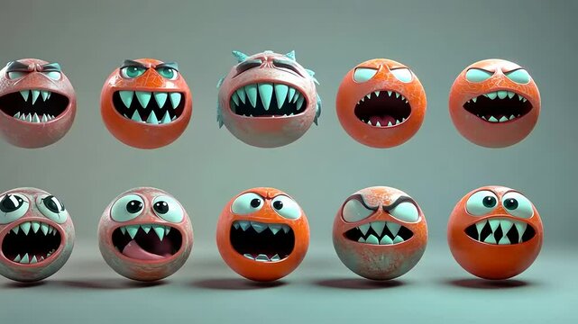 Angry Orange Emojis 3D Render: A Collection of Grotesque and Funny Cartoon Faces