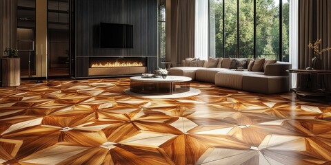 Patterned wooden parquet flooring in a luxurious living room