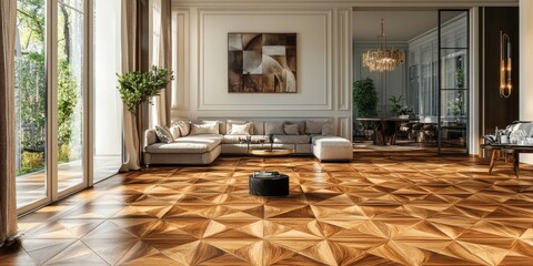 Patterned wooden parquet flooring in a luxurious living room