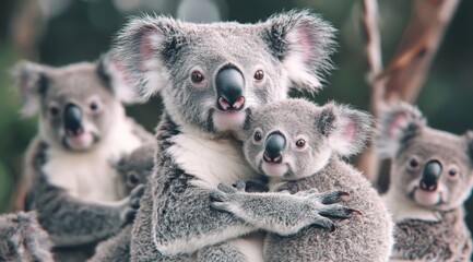 Fototapeta premium Mother Koala Cradling Her Joey in a Eucalyptus Forest