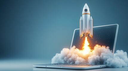 A stylized rocket launching from a laptop screen, surrounded by clouds. Digital illustration.