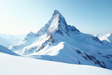 A lone mountain peak rising above a snowy white landscape, isolation, winter, environment