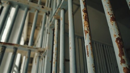 A close-up view of a jail cell door with metal bars and a lock
