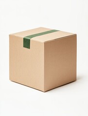 A square, light brown cardboard box with a single strip of olive green packing tape sits on a bright white background. Simple product shot.