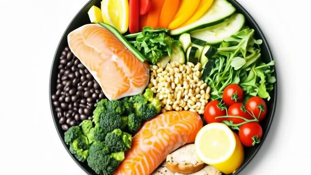 Healthy food on white plate. World Health Day cocept .