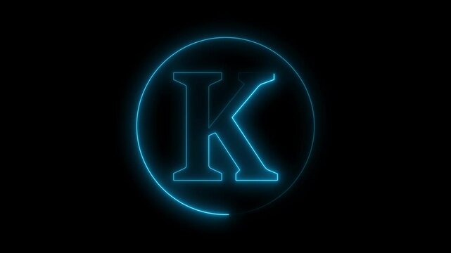 Animation of neon capital letter K on black background. Cyan color letter animation