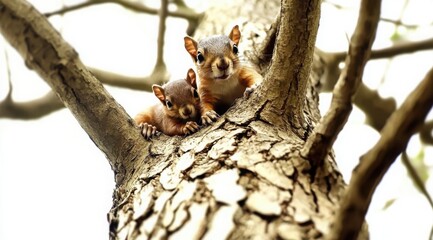 Two adorable baby squirrels perch on a tree branch, peering curiously at the camera