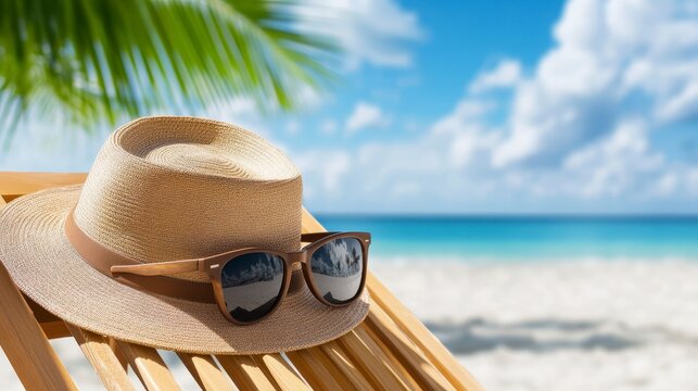 Straw hat and sunglasses on a beach chair, tropical beach background, summer vacation concept.