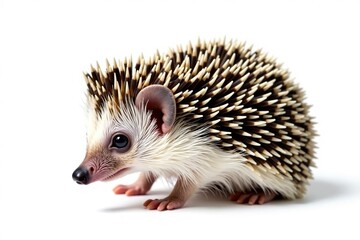 Obraz premium A tiny hedgehog, curled in a ball, isolated on pure white background , mammal, fauna, hedgehog