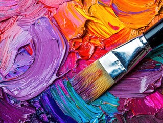 Fototapeta premium Vibrant Palette of Oil Paints with Brush on Colorful Canvas Surface