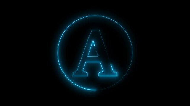 Animation of neon capital letter A on black background. Cyan color letter animation