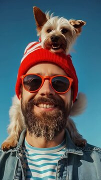 Playful and friendly bearded man with sunglasses a red and white hat and his fun loving dog on his shoulders
