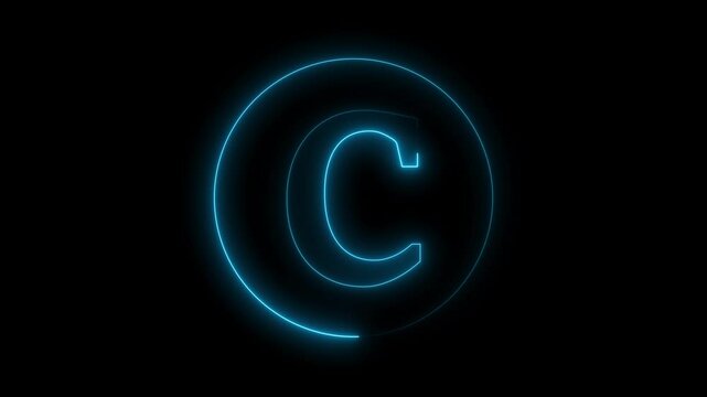 Animation of neon capital letter C on black background. Cyan color letter animation