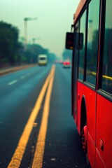 Fototapeta premium Red Bus on a Foggy Road with Yellow Double Lines and Traffic