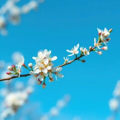 Delicate white blossoms on a slender branch, vibrant blue sky, flower, fresh