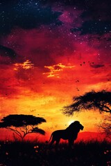 Lion silhouette against a colorful sunset in the African plains