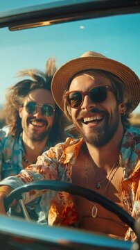 gay couple driving on the road, happy summer vacation travel