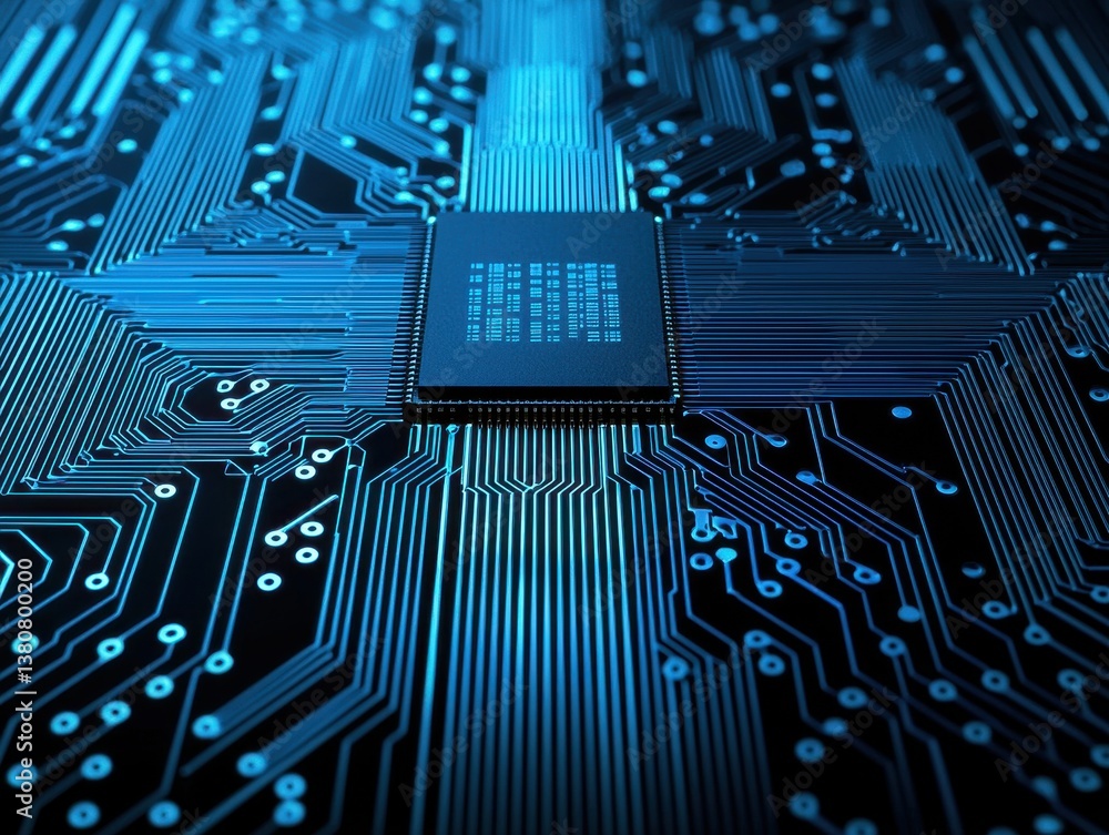 Poster close-up of circuit board with microchip and blue neon lines