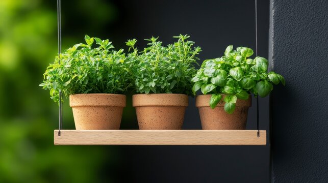 Three potted herbs in terracotta pots on a hanging cork shelf against a dark background. Lush green foliage. - Powered by Adobe