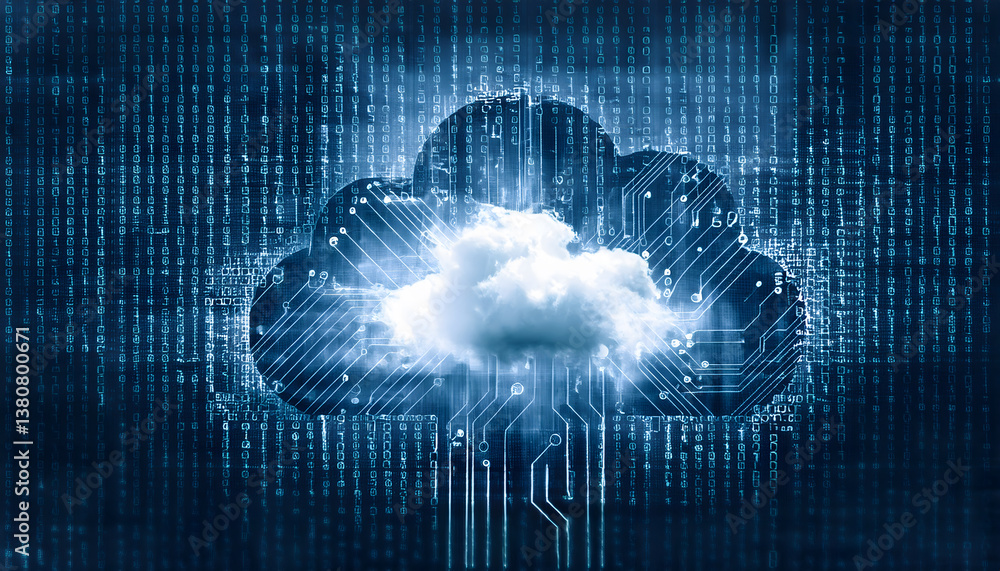 Poster Digital cloud icon surrounded by binary code, symbolizing cloud computing and technology advancements
