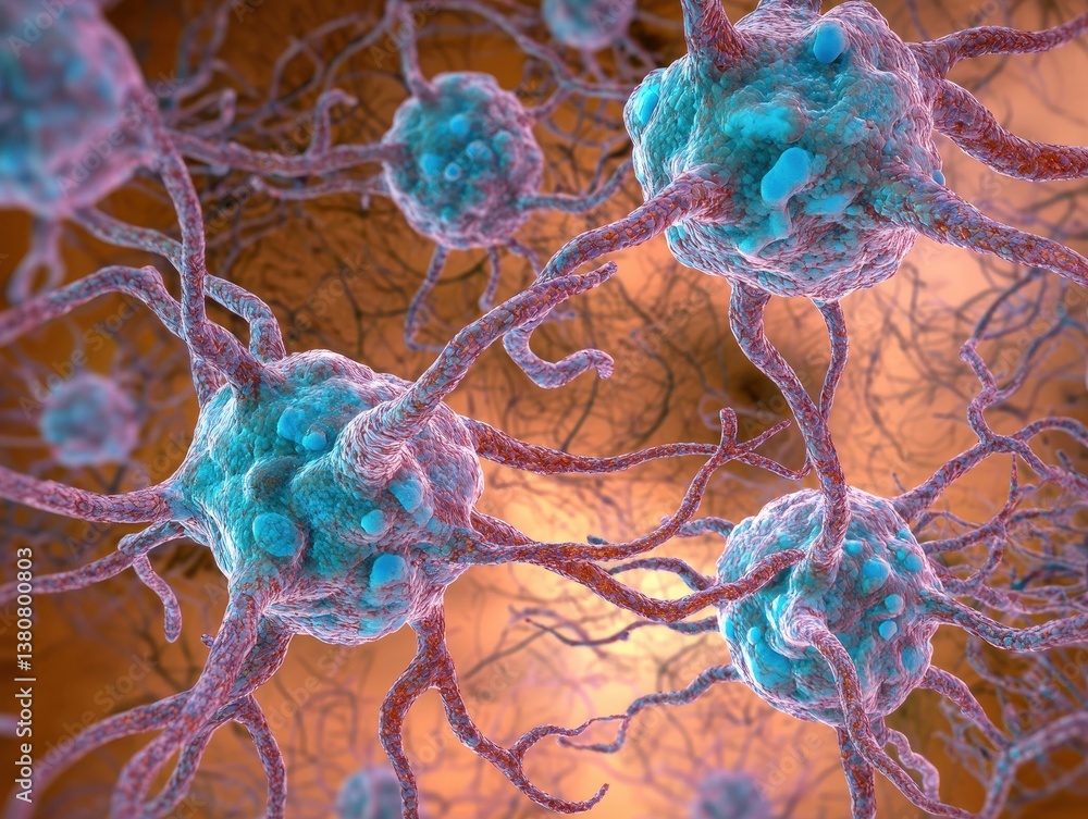 Poster micrograph of colorful neurons with network connections in focus