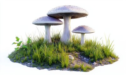 Three mushrooms sprouting in grassy patch on white background
