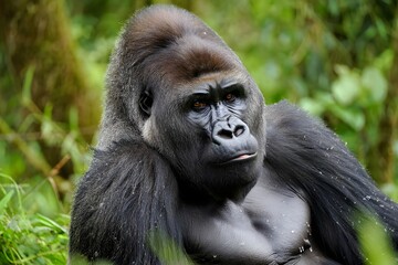Obraz premium A close-up of a gorilla surrounded by green foliage. The gorilla has detailed facial features and dark fur, resting in a natural and calm pose in its lush habitat.