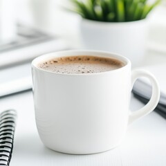 White cup of coffee on a white table with notebook and pen. Soft lighting, simple background.