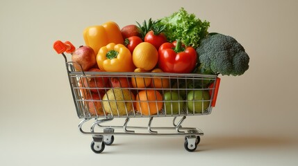 Fresh produce overflowing miniature shopping cart, studio shot
