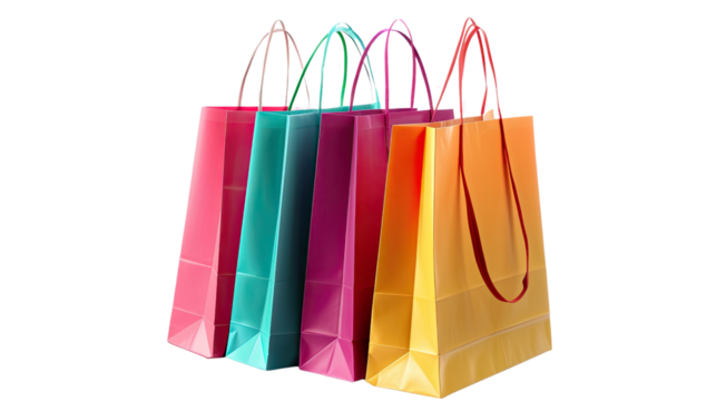 Vibrant Shopping Bags: A colorful array of shopping bags, each with a different hue, stands as a symbol of retail, offering a vivid expression of consumerism and a burst of color.