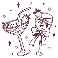Coquette drinks and cocktails hand drawn. Cute glasses with ribbon and bow for menu in crayon and sketch style. Trendy art for bachelorette party and wedding invitations
