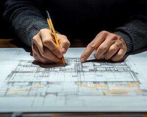 Architect working on architectural blueprints, drafting new building design with pen, professional construction design, pro drafter creating detailed building plans